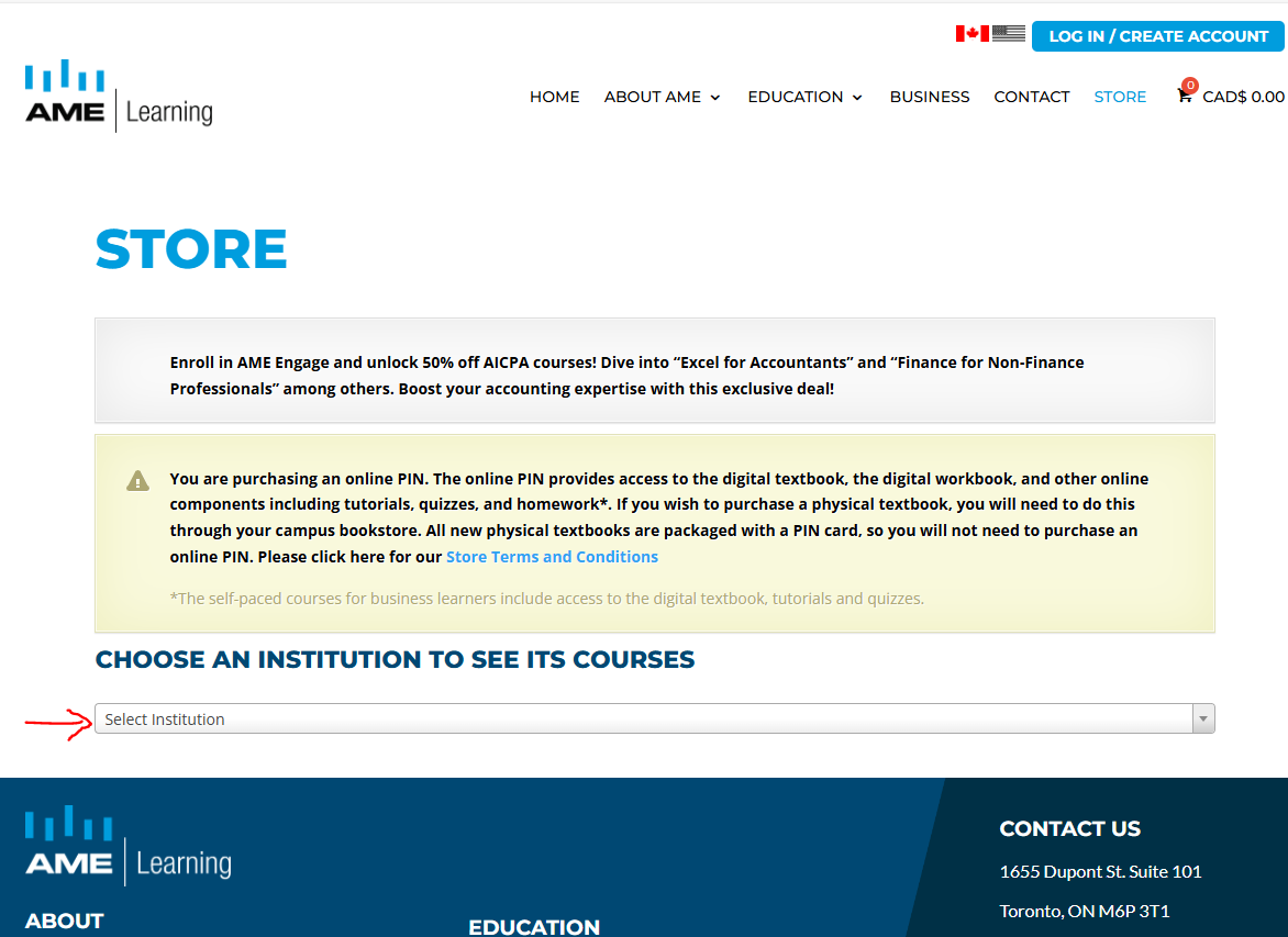 AME Learning store page with a red arrow pointing to the 'Select Institution' dropdown menu, used to choose your school and view its available courses