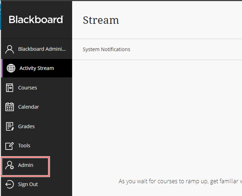 Blackboard Ultra Admin panel with the Admin link
