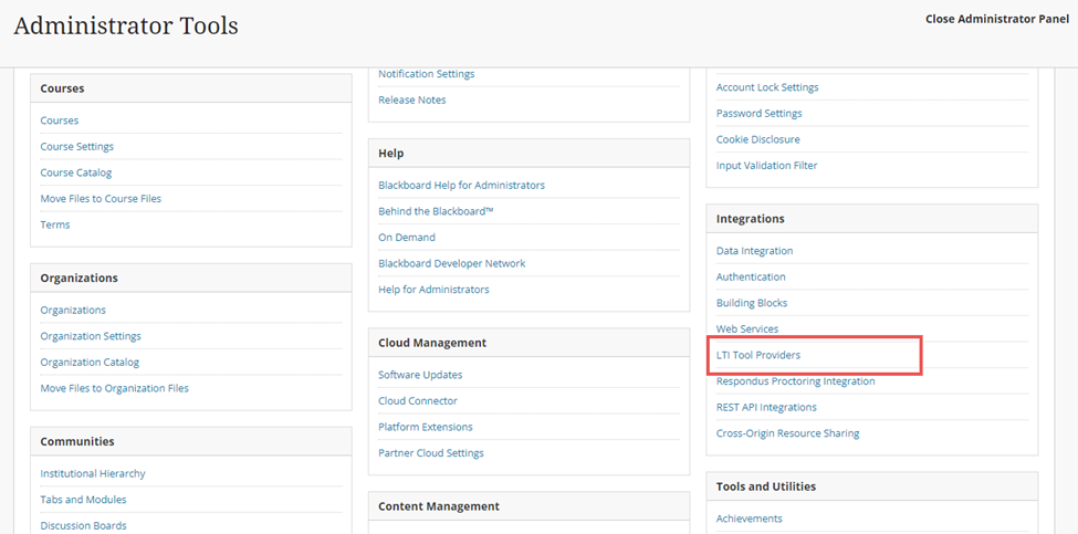 Integrations section with LTI Tool Provider