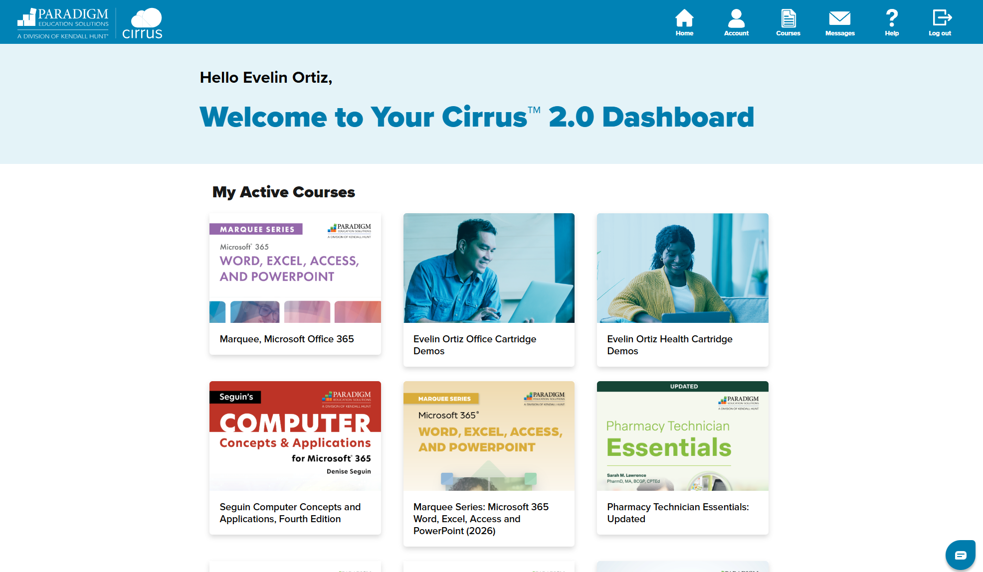 Cirrus 2.0 dashboard showing My Active Courses
