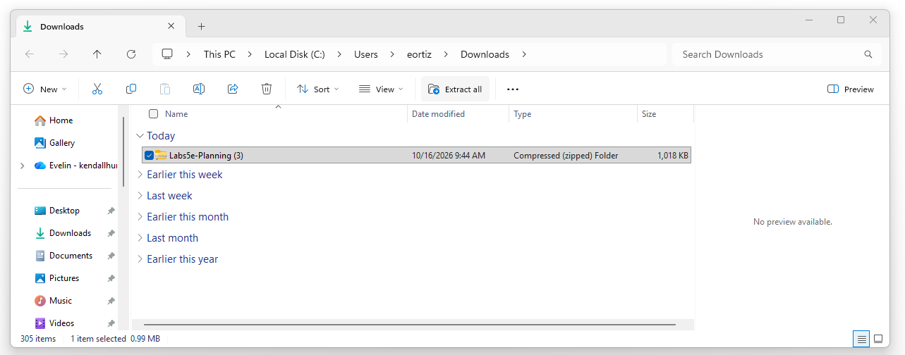 File Explorer with a zipped folder selected and the Extract all button highlighted