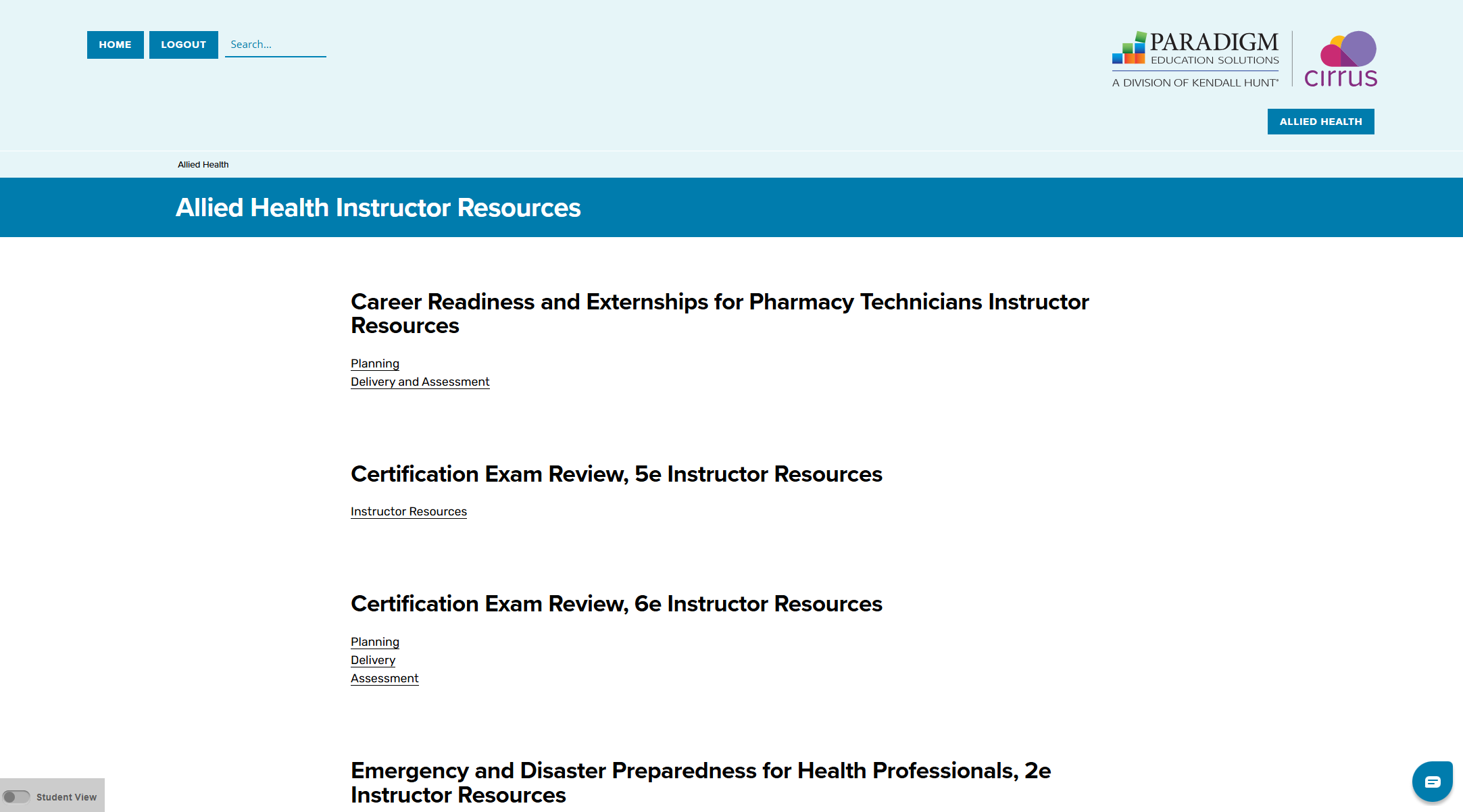 Allied Health Instructor Resources page listing titles with download links