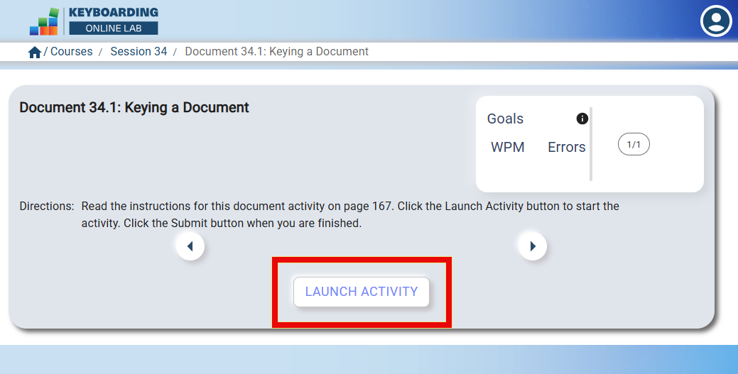 Screenshot of a Keyboarding Online Lab page showing the ‘Launch Activity’ button highlighted below instructions for Document 34.1: Keying a Document.
