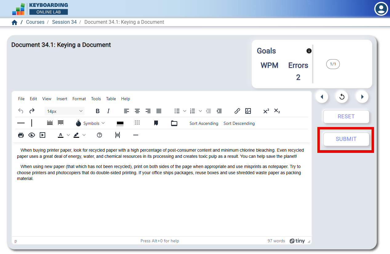Screenshot of the Keyboarding Online Lab showing a text‑editing window with a paragraph about buying recycled paper, a goals panel displaying WPM and two errors, and a highlighted Submit button on the right.