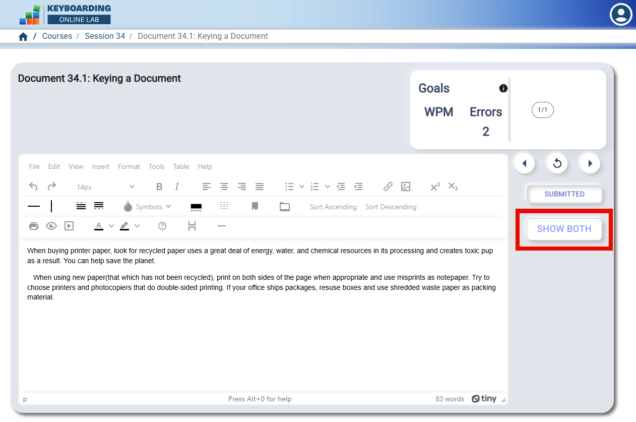 Screenshot of the Keyboarding Online Lab showing a text‑editing window with a paragraph about recycled paper, a goals panel displaying WPM and two errors, and buttons labeled Submitted and Show Both on the right.