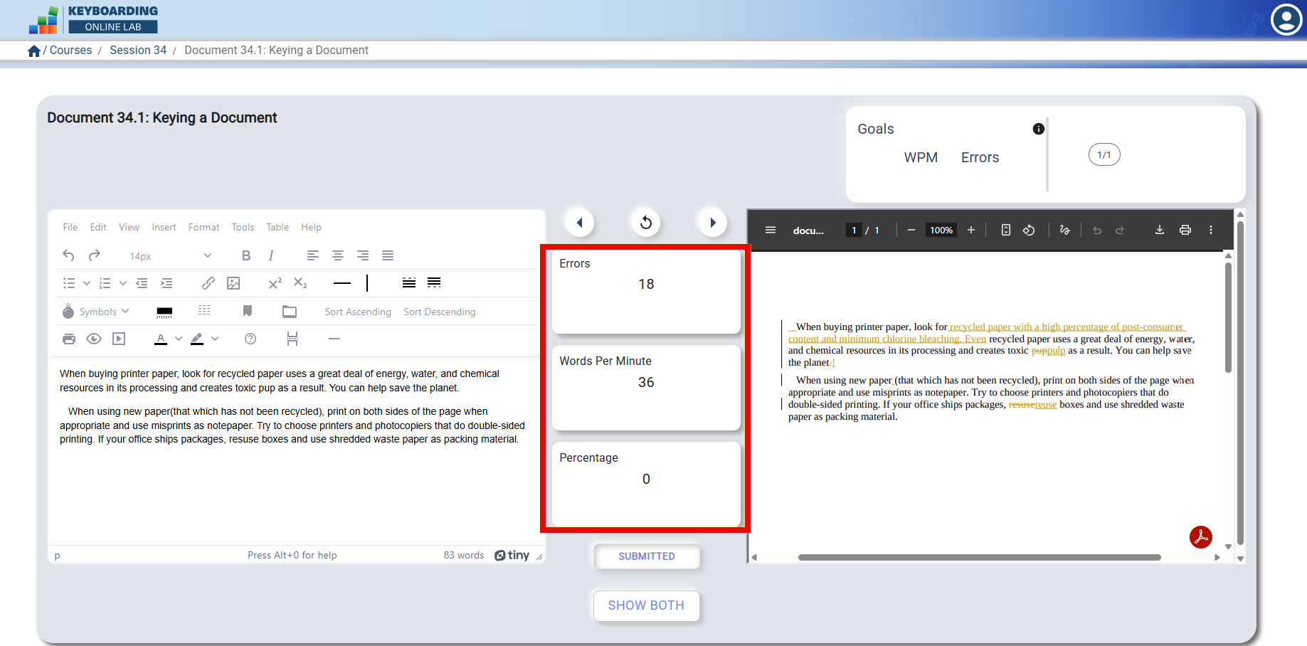 Screenshot of the Keyboarding Online Lab showing a text‑editing window on the left and a graded results panel in the center displaying 18 errors, 36 words per minute, and 0 percent. A submitted document preview appears on the right, with Submitted and Show Both buttons below.