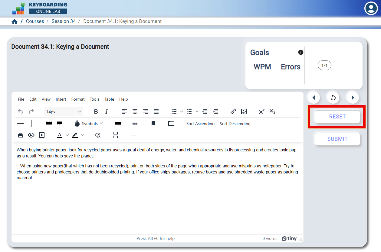 Screenshot of the Keyboarding Online Lab showing a text‑editing window with a paragraph about recycled paper, a goals panel displaying WPM and errors, and a highlighted Reset button on the right above the Submit button.