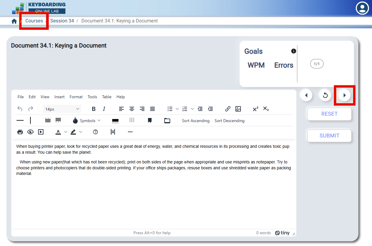 Screenshot of the Keyboarding Online Lab showing a text‑editing window with typed instructions about recycled paper, a goals panel displaying WPM and errors, and a highlighted right‑arrow navigation button above the Reset and Submit buttons. The breadcrumb navigation at the top includes a Courses link.